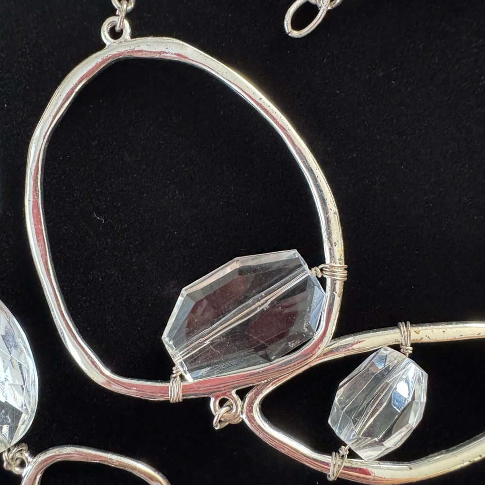 Chico’s Long Statement Silver Chain Necklace with Clear Beads - Picture 6 of 7